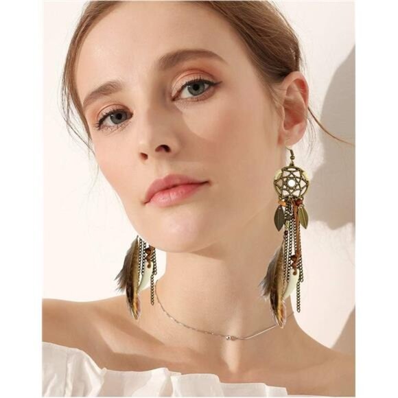 Punk Vintage Long Tassel Feather & Beads Drop Earrings - Wolf Tooth Pendant - Picture 3 of 8